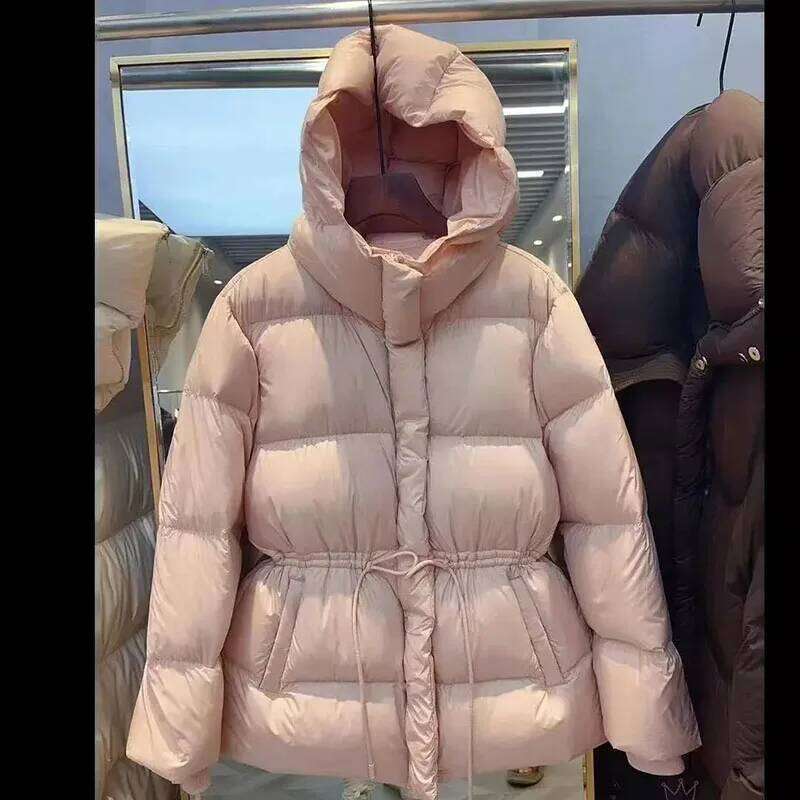 Fashion Cotton-Padded Jacket Women Autumn Winternew Down Coat Female Parkas Hooded Drawstring Waist Thick Warm Overwear Lady Top Womens Coat