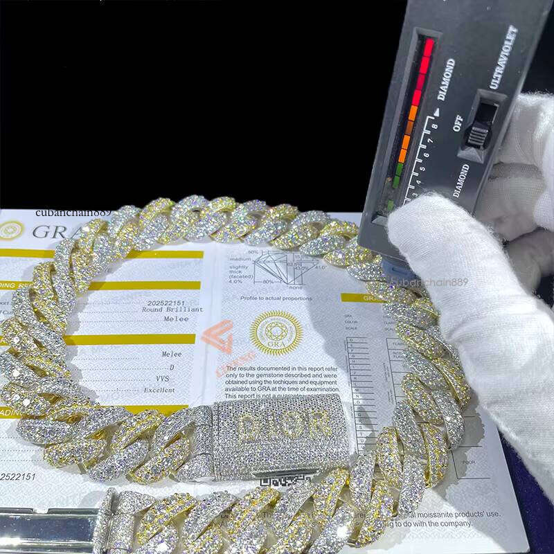 Hiphop Mossanite Sier 20mm Iced Out Chain Men Full Vvs Moissanite Gold Plated Necklace Cuban