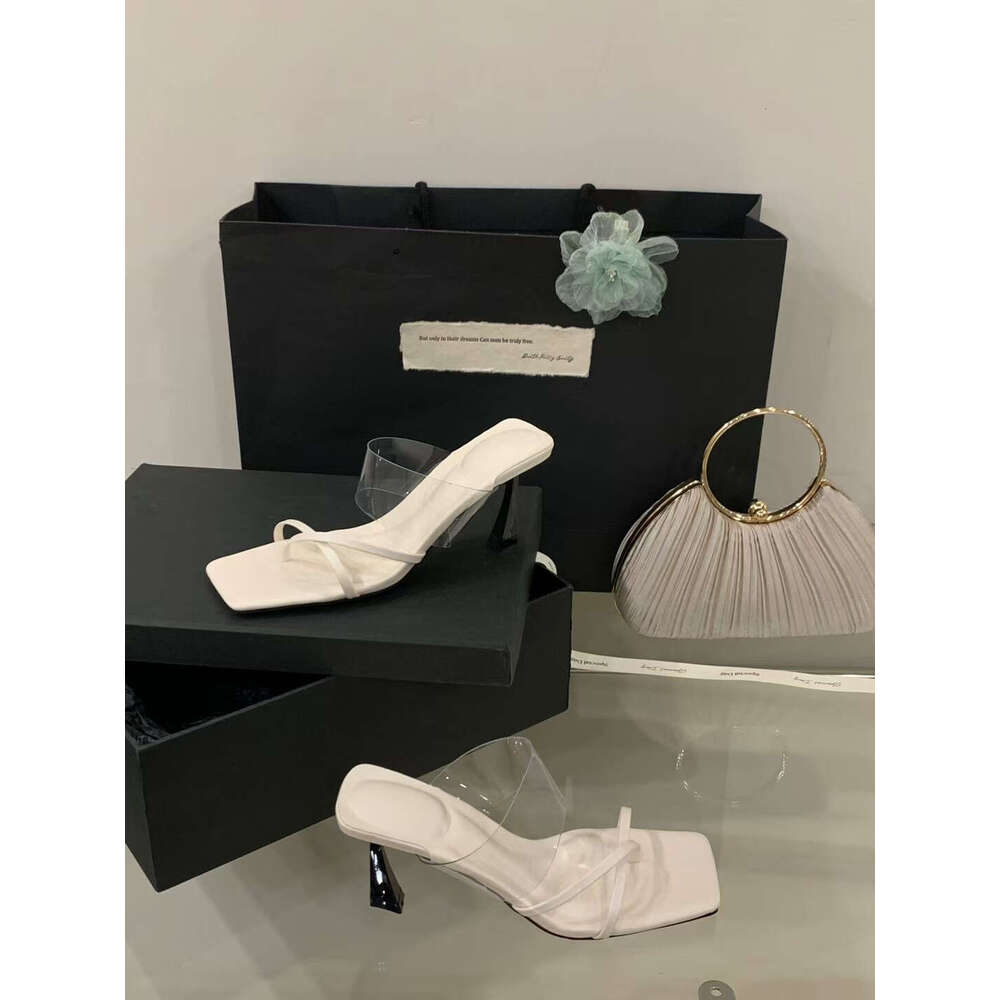 2025 Designer Shoe New Simple Versatile Strap Transparent Square Toe One-Strap Clip-Toe Thin High Heel Outdoor Sandals
