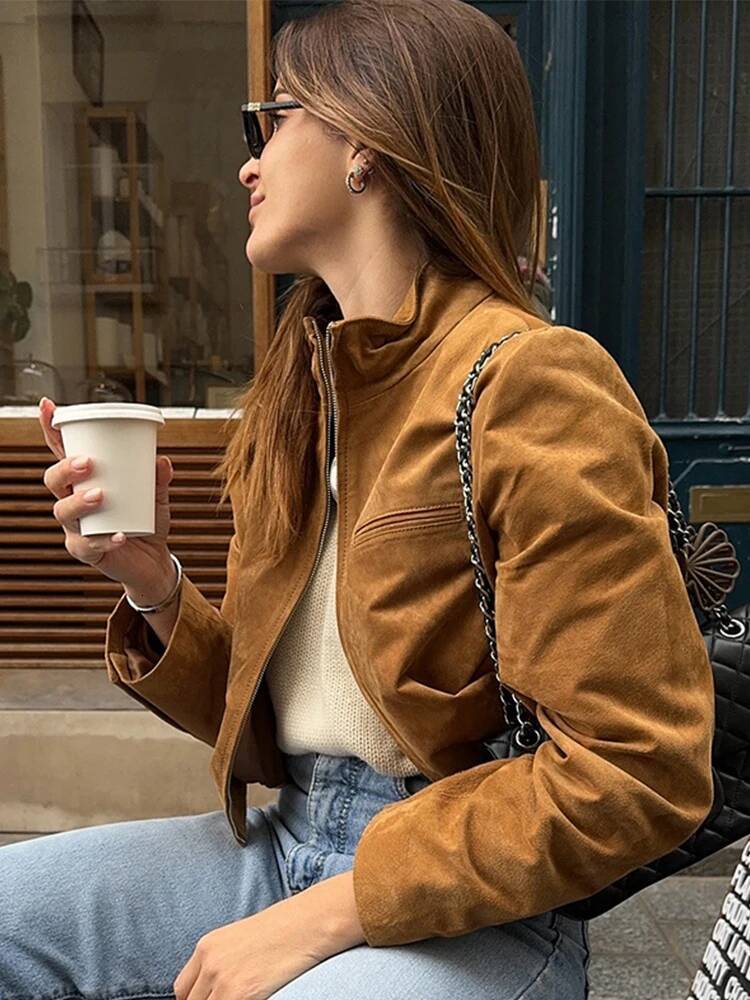 Stand Collar Suede Zipper Short Jackets Women Casual Slim Brown Long Sleeved Jacket Female Spring Chic Daily Style Outwear Tops dongdumaoyi