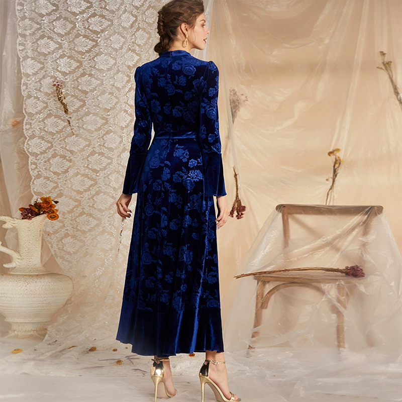 Designer Fashion Autumn/Winter New Style European and American Women's Elegant Silk Fleece Lace Long Sleeve Dress