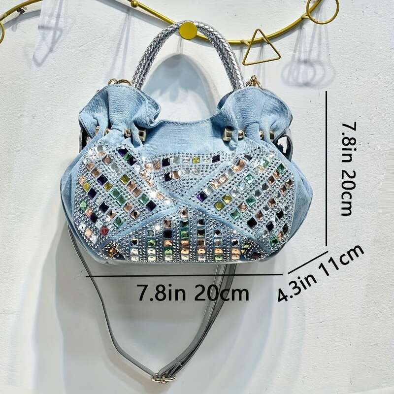 1 Women's Mini - Retro Inlaid Pleated Design, Adjustable Crossbody Shoulder Strap, Polyester, Light Blue/Blue Zipper Closure Handbag, Suitable Fo