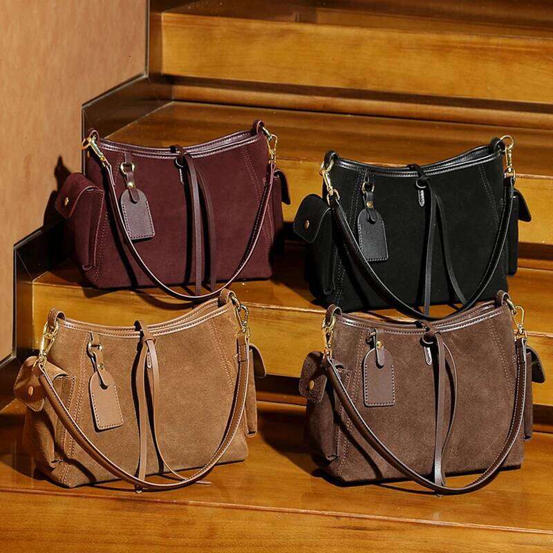 Burminsa Suede Cowhide Genuine Leather Underarm Shoulder Bags For Women 2025 Designer Bucket Crossbody Ladies Handbags