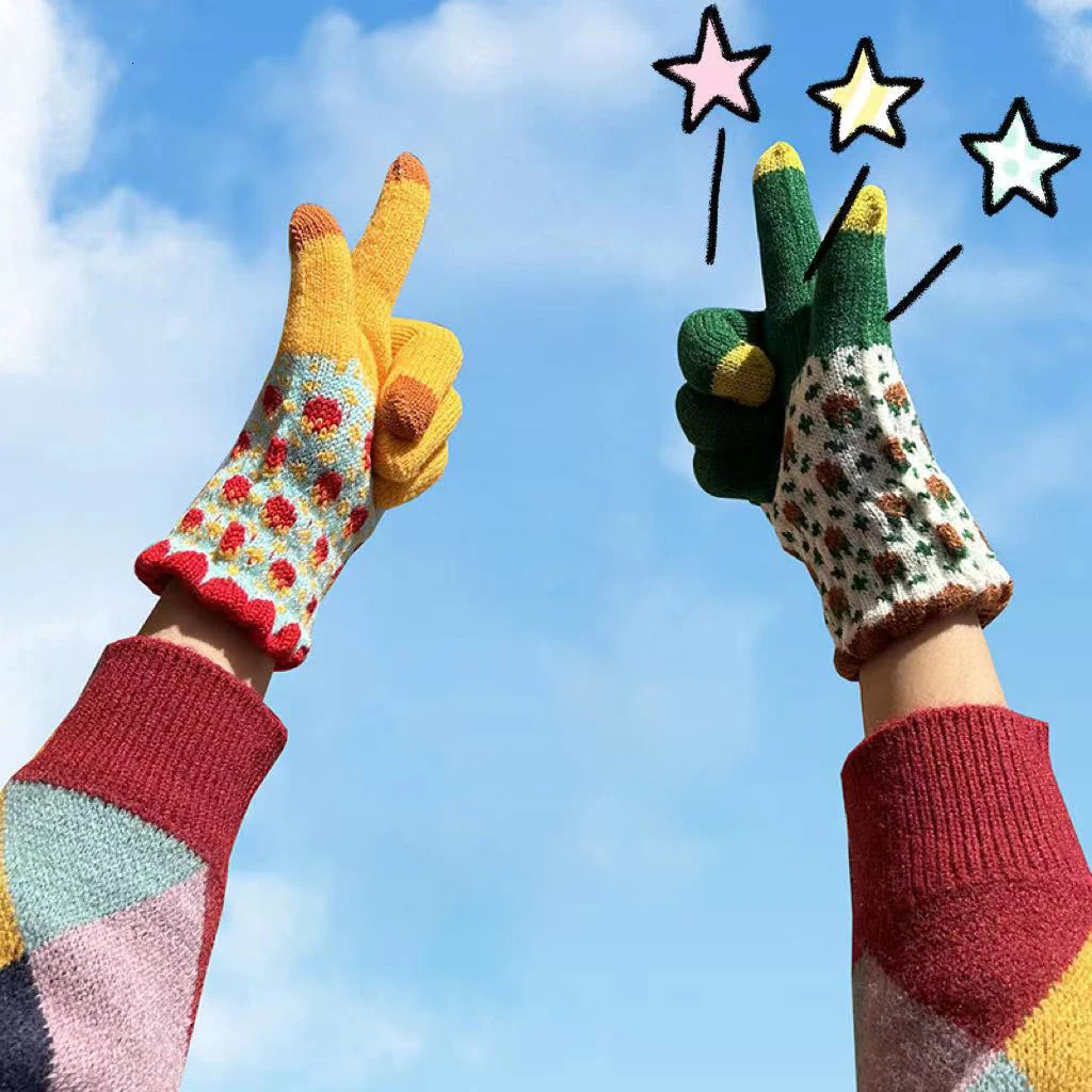 1 Pairs Womens Gloves Korean Flower Kawaii For Girl Sweet Cute Versatile Knitted Mittens Thickened Velvet Warm Soft Gloves 251023