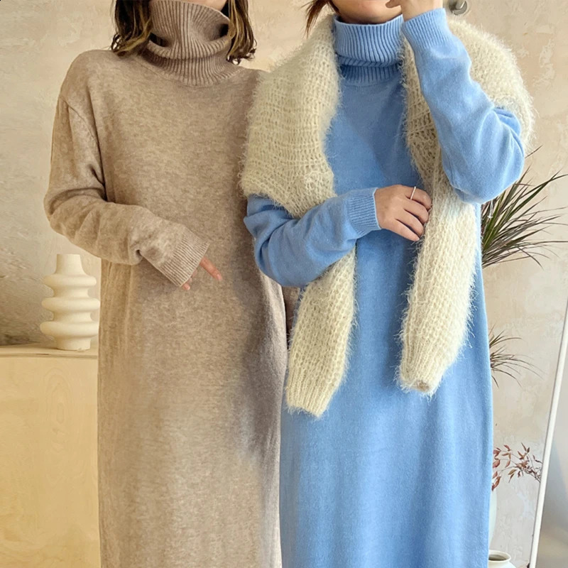 2025 Autumn Winter Sweater Dress Women Japanese y2k Turtleneck Long Sleeve Thicken Loose Knitted Long Dresses 251023