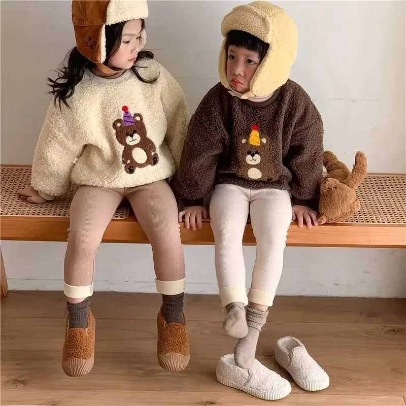 2025 Autumn Winter New Kids Leggings Thickened Fleece Lined Warm Cartoon Bear Patch Toddler Children BottomsT251024