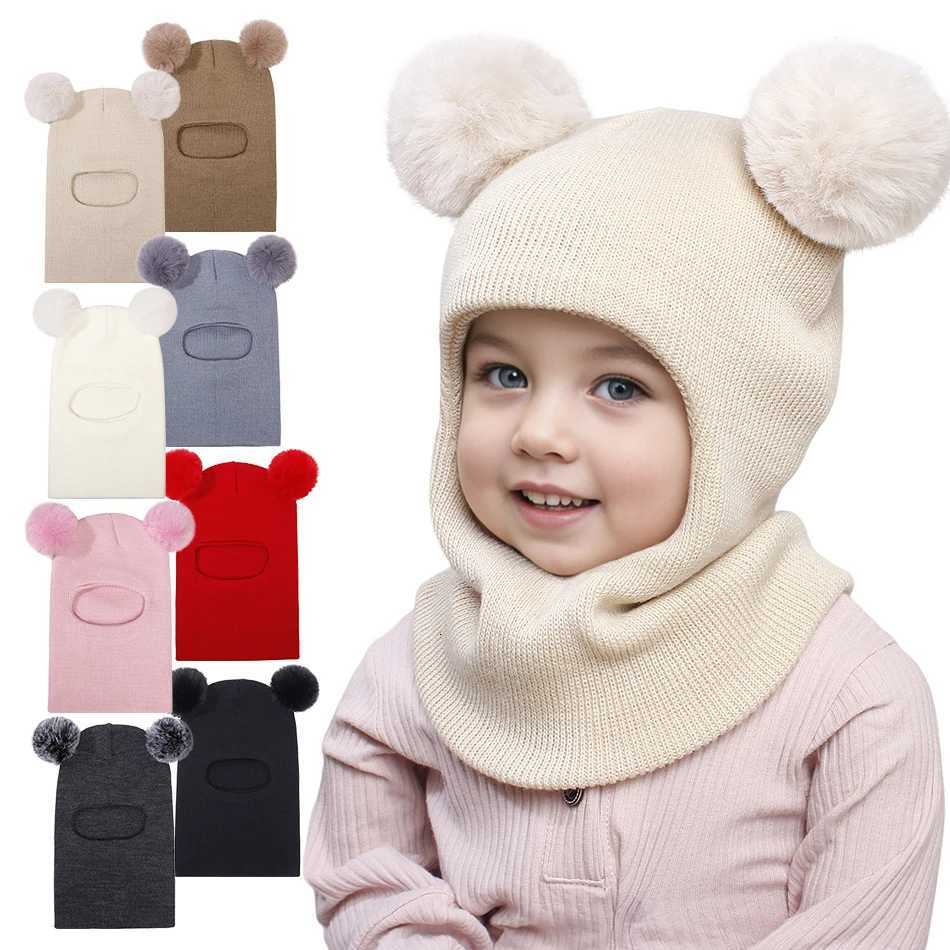Unisex Baby Warm Knitted Pullover Hat with Pompoms Thermal Ear Flaps Cute Winter Cap for Boys And Girls Children Hood AccessoryL251024