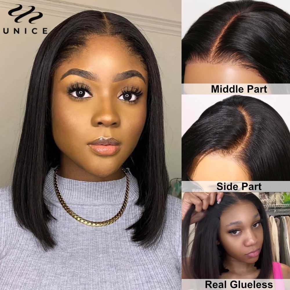 UNice 7x5 Pre Cut Pre Bleached Glueless Wig Silky Straight Bob Wig Short Human Hair Bob Lace Front Wig Human Hair Ready To Wear W251023