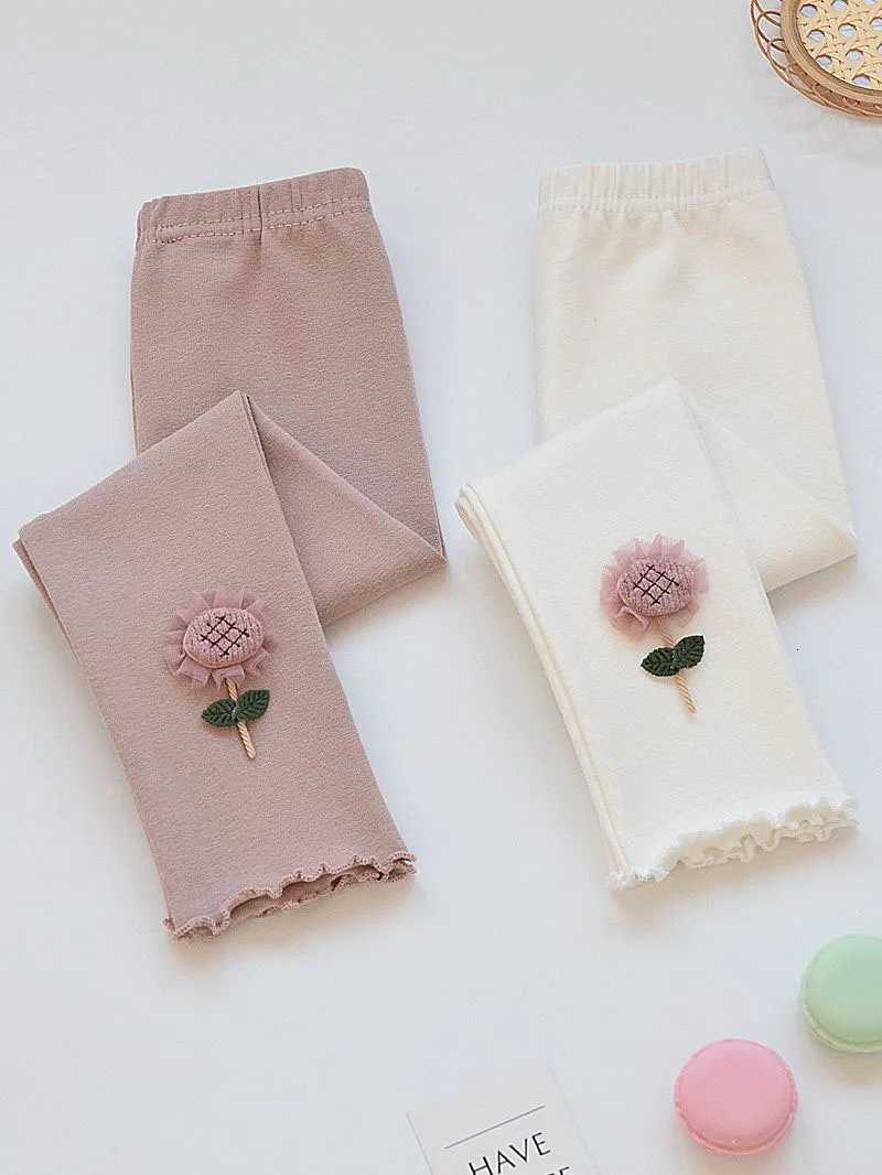 2024 New Autumn Kids Leggings 17 Y Cute Sunflower Solid Color Girls Thin Style SkinnyPants Childrens Outwear TrousersT251024