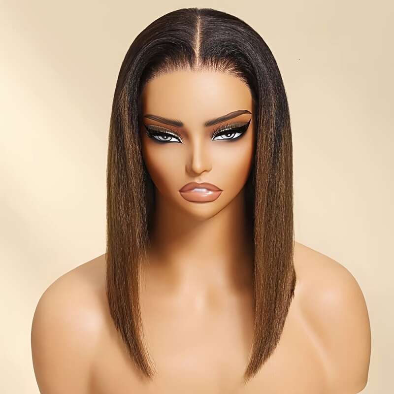 Klaiyi 7x5 Glueless Bob - 150% Density Virgin Human Hair, Pre-Cut Pre-Bleached Chesut Brown Yaki Straight 10-14 Inch, Beginner-Friendly Natural Look f