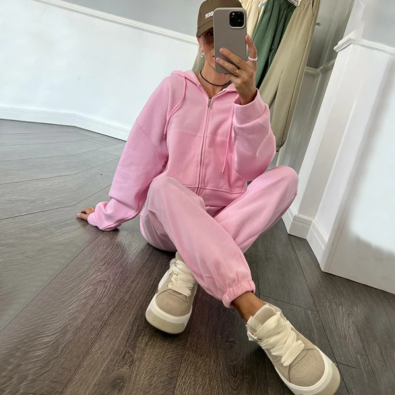 Womens sportswear two pieces set Solid color long sleeved zipper hoodie Elastic laceup pants Spring female tracksuit suit 251013