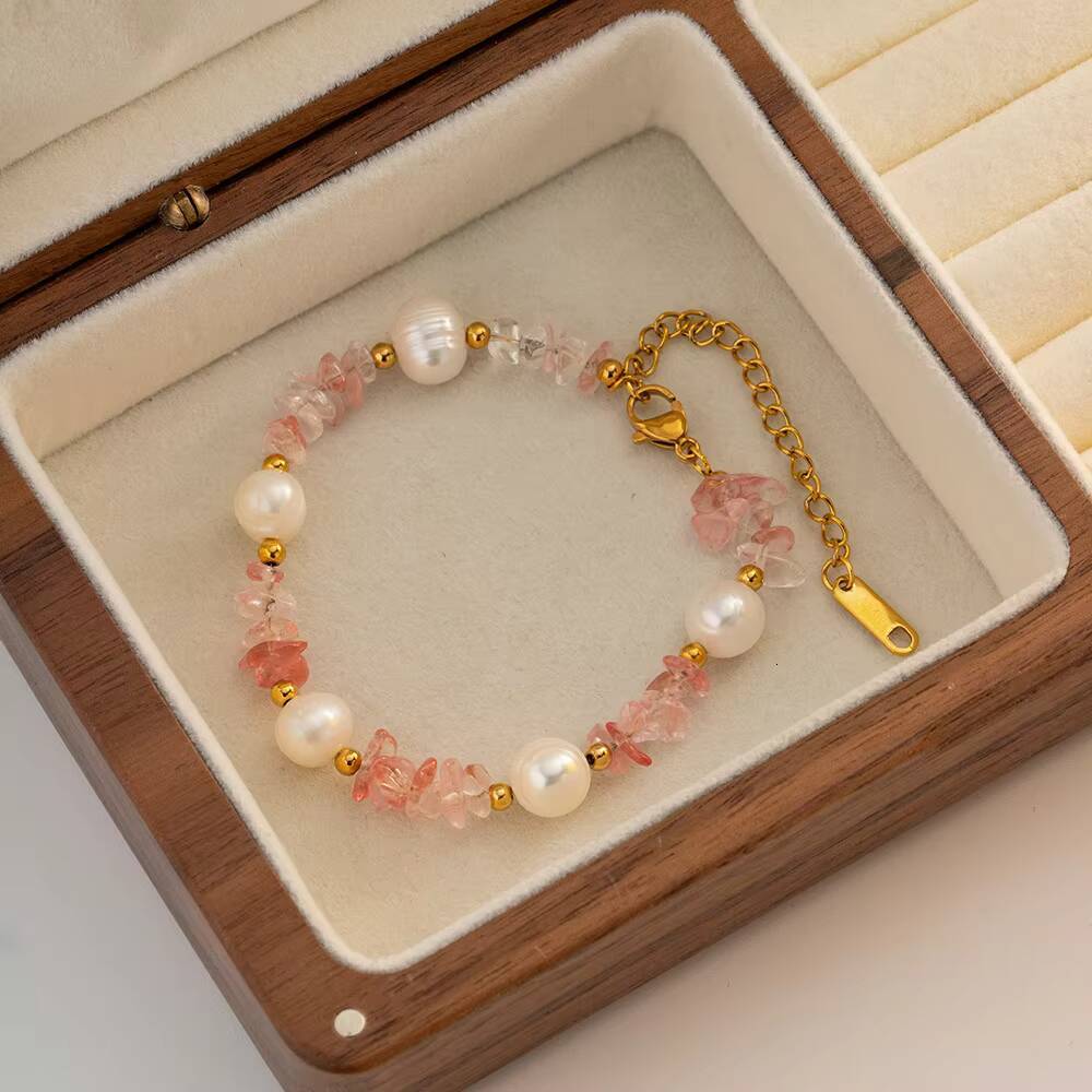 High Quality Vintage Necklace Natural Pink Gravel Freshwater Pearl 18k Gold Stainless Steel Bracelet