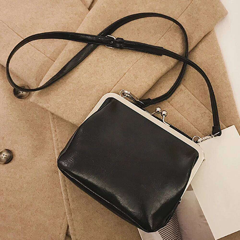 Women Solid Color Sling PU Leather Casual Crossbody Kiss Lock Retro Work Date Party Shoulder Bag