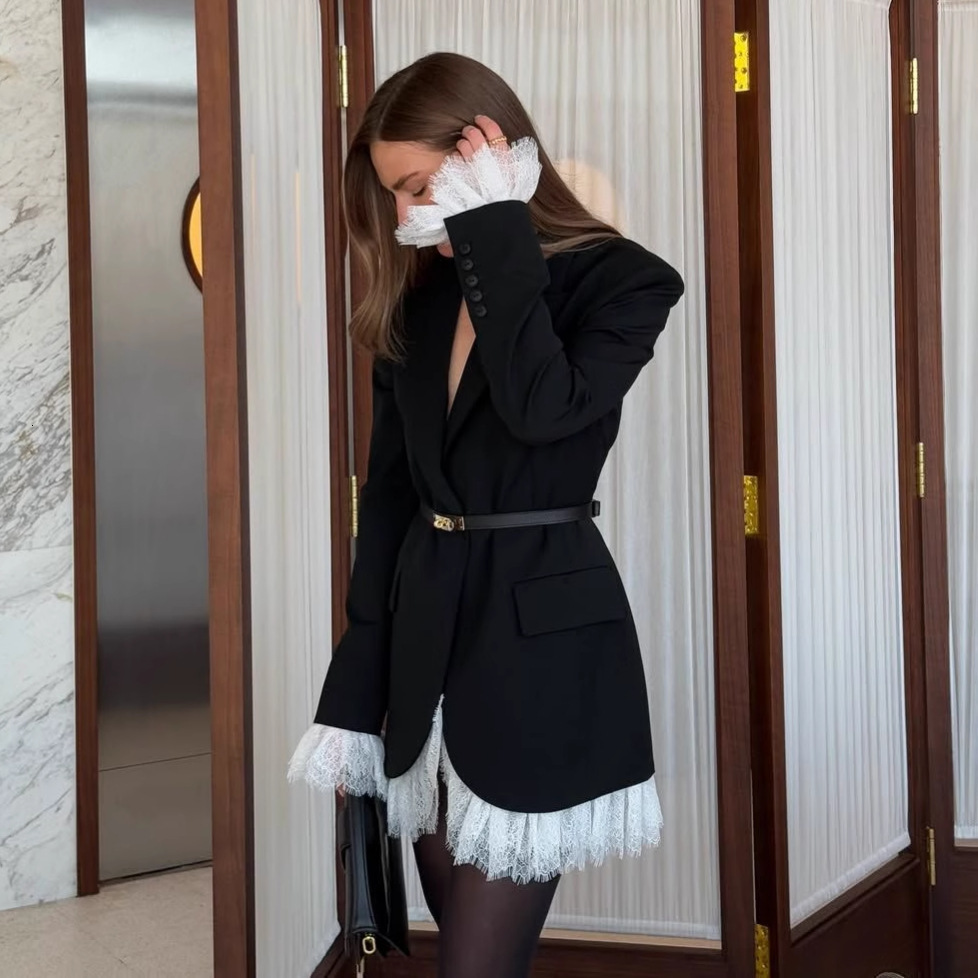 2025 Fashion Autumn New Women's Long Sleeve Lace Patchwork Elegant Blazer Dress