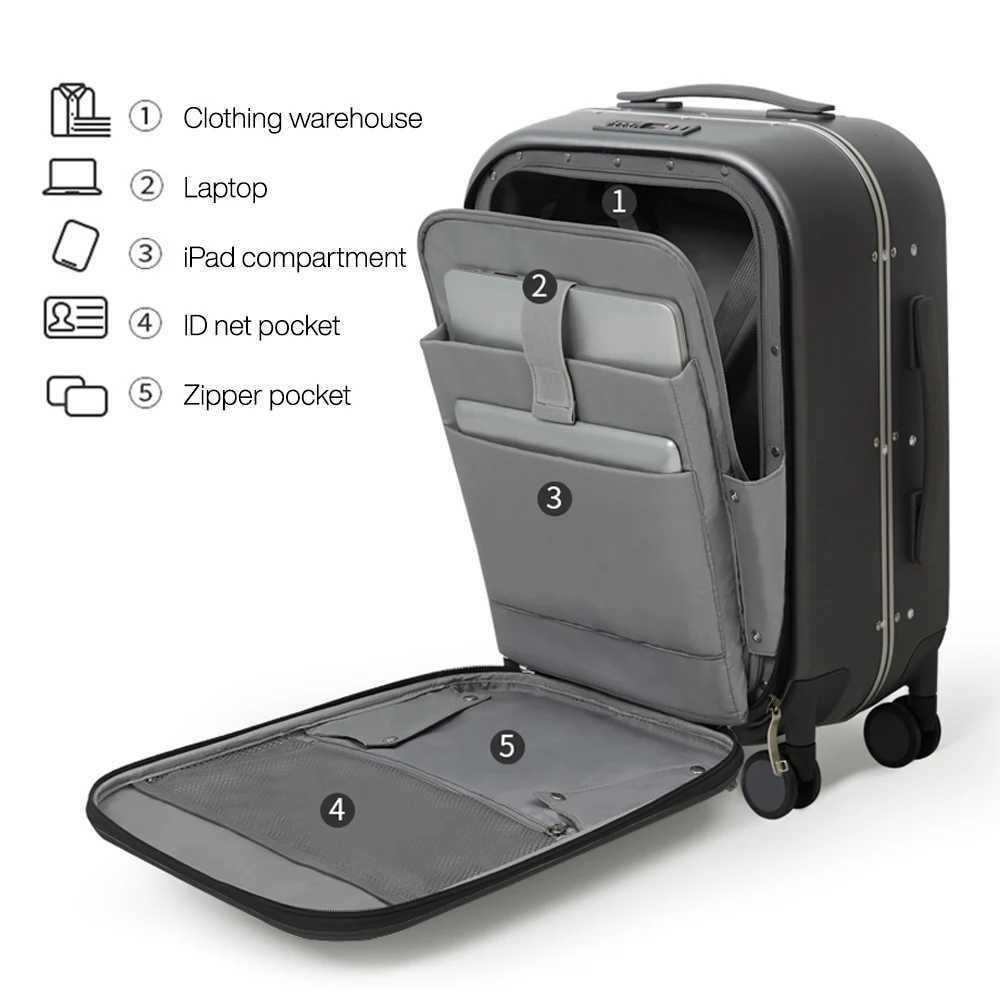 Mixi 2023 New Men 18 20Carry On Suitcase Aluminum Frame Front Laptop Pocket Luggage 100 PC TSA Lock Spinner WheelsW251024