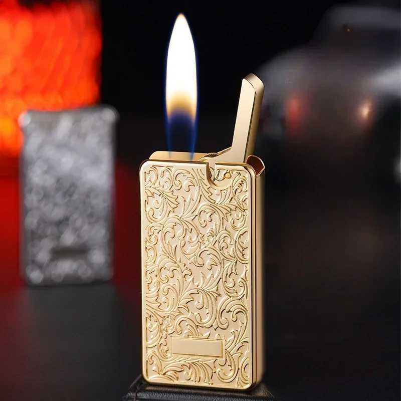 Metal Plating 3D Relief Inflatable Lighter One click Ejection Grinding Wheel Ignition Butane Gas Lighter Smoking Gifts For Men D251024