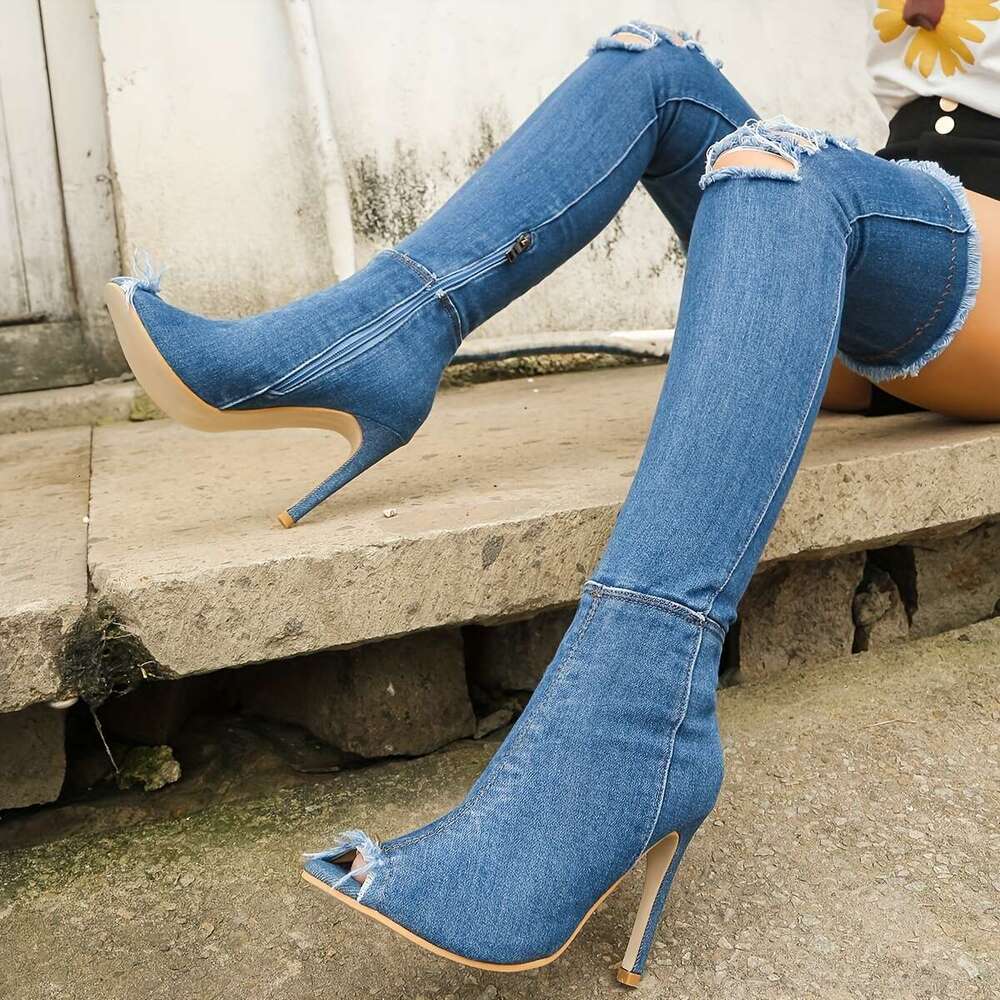 Women's Distressed Blue Over-The-Knee Fish Mouth Open Toe Stiletto Heel - Pull-On Ankle Boots With Ruched Detailing Design, Fabric Lining & PU So