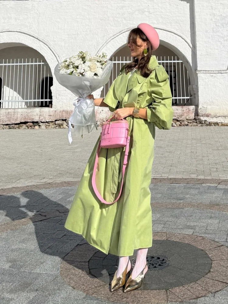 Women Green Oversized Belt Overcoat Elegant Long Sleeve Pleated Lapel Lace Up Windbreaker Autumn Lady Daily Street Outerwear 251021