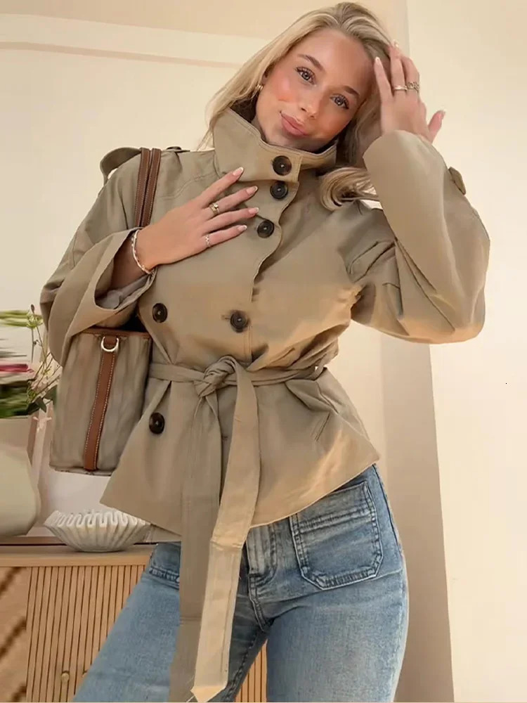 Women Solid Lace Up Trench Coat Elegant High Neck Double Breasted Full Sleeve Windbreaker Lady Fashion Street Casual Daily Coats 251021