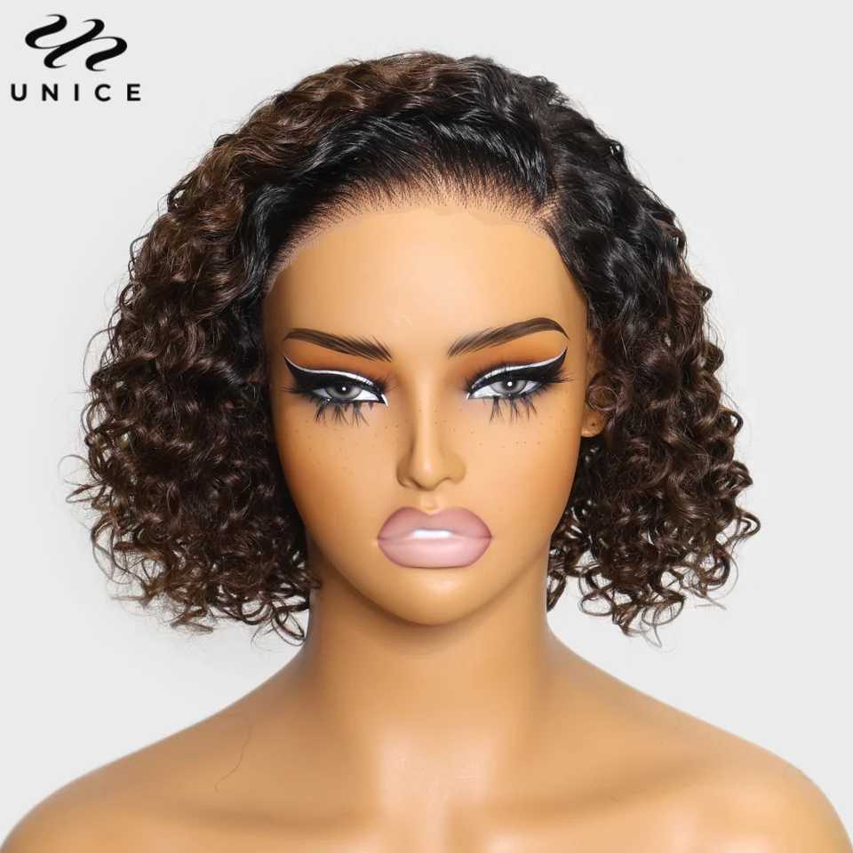 UNice Hair Ombre Brown Curly Bob Wig Human Hair 7x5 Pre Cut Lace Glueless Wig Ready To Wear Side Part Short Curly Wigs for Women W251023
