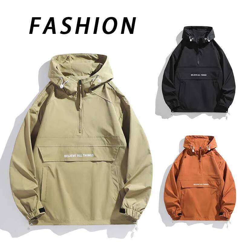 New Men Spring Autumn Waterproof Casual Versatile Top Streetwear Fashion Loose Pullover Half Zip Hooded Jacket
