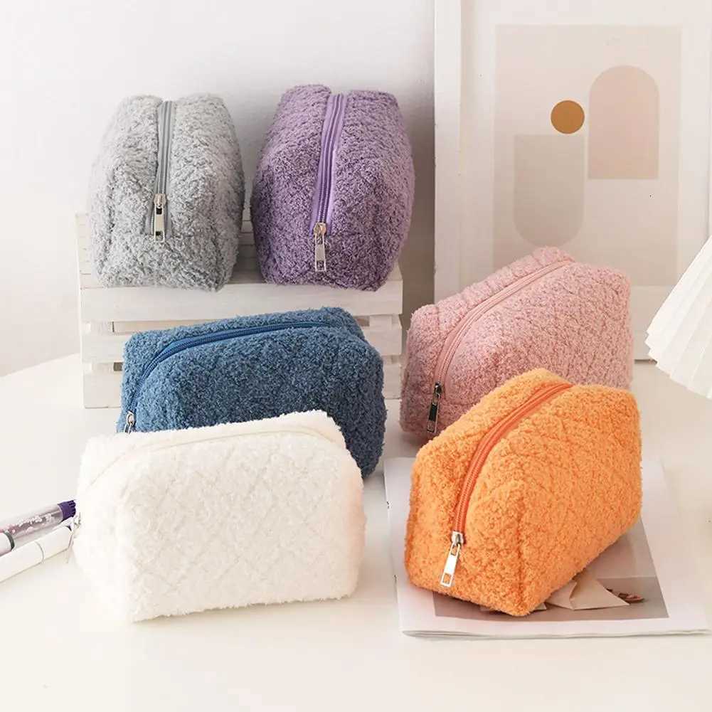 Cute Plush Cosmetic Bag Solid Color Simple Soft Large capacity Makeup Storage Bag Daily Travel Cosmetic BagT251024