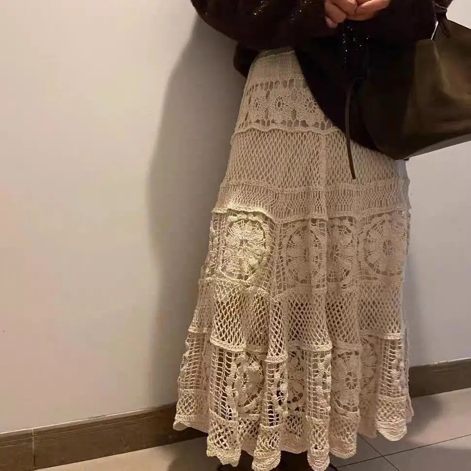 2025 Crochet Long Semi Skirt Women Lace Version of Gentle Heavy Industry Retro Hollow Elastic Knitted Ashaped 251013