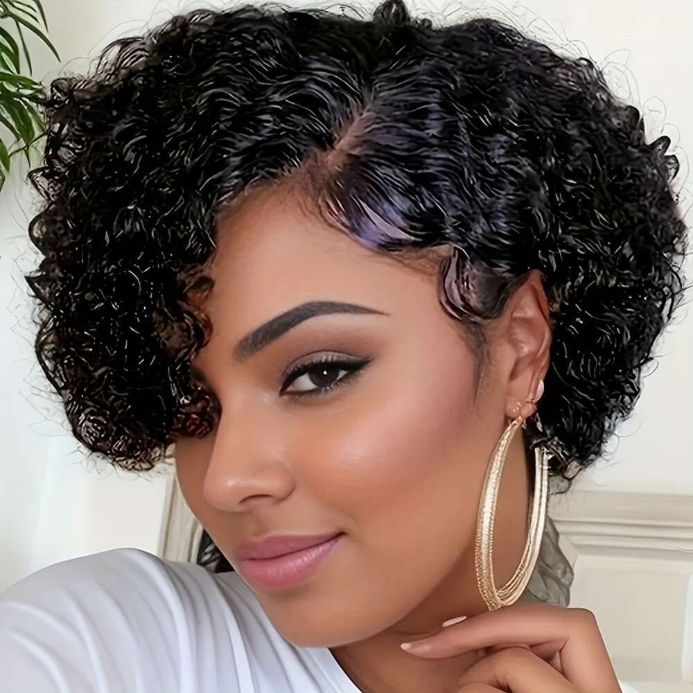Women'S Black Human Hair Curly Bob Wig with 13x4 Front Elastic Band Density Water Wave Texture, Short Pixie Cut Style, Breathable Lace Base Comfo