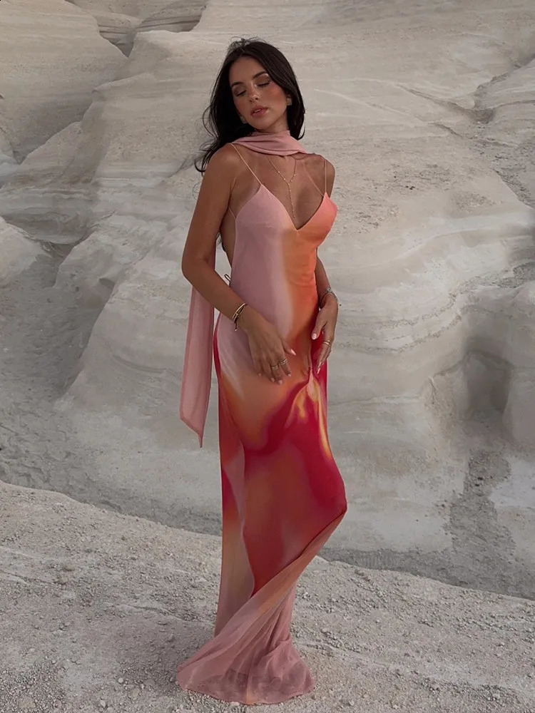 UNIZERA Scarf Printed Backless Long Dress 2025 Summer Arrivals Womens Wear Elegant Satin Textured Dress 251023