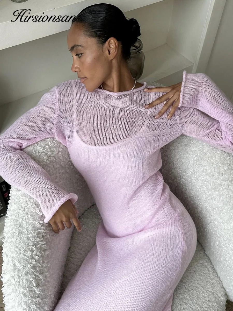 Hirsionsan Spring Autumn ONeck Elastic Knit Long Dresses Women Elegant Chic Soft Lady Hollowing Sweater Dresses Femme 251023