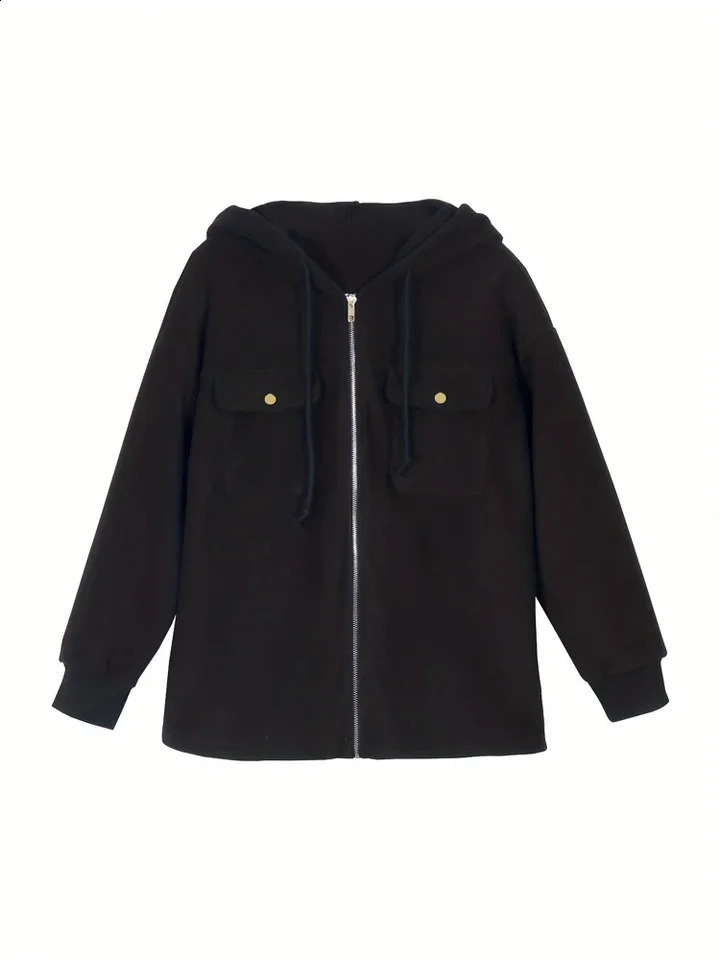 Plus Size Womens Hooded Jackets Casual Trendy Drawstring Long Sleeve Pockets Zip Up Coat Fall Winter Solid Color Fleece Jacket 251020
