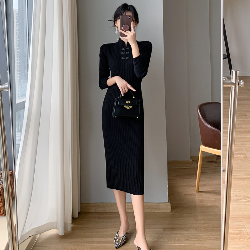 Autumn and Winter New Women's Designer Knitted Sweater Dress Medium Retro Cheongsam Style Button Closed Slimming Dress