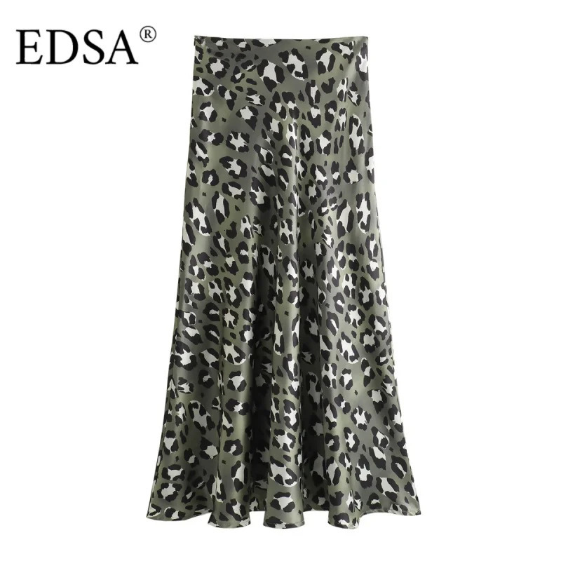 EDSA Women Green Leopard Print Satin Midi Skirt High Waist Straight Mermaid Skirts Female Casual Slim 251017