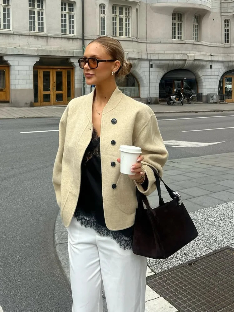 Casual Yellow Woolen Jacket Women Round Neck Single Breasted Full Sleeve Loose Coat Autumn Lady Daily Commute Street Outerwears 251013