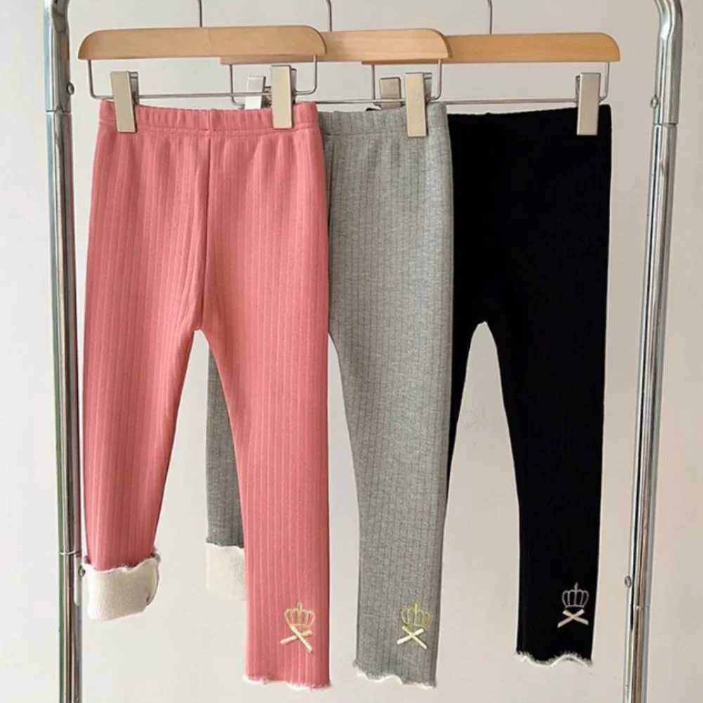 Kids Girls Leggings Winter Children Plus Velvet Warm Trousers Thick Lamb Fleece Trousers Embroidered Crown Bow PantsT251024