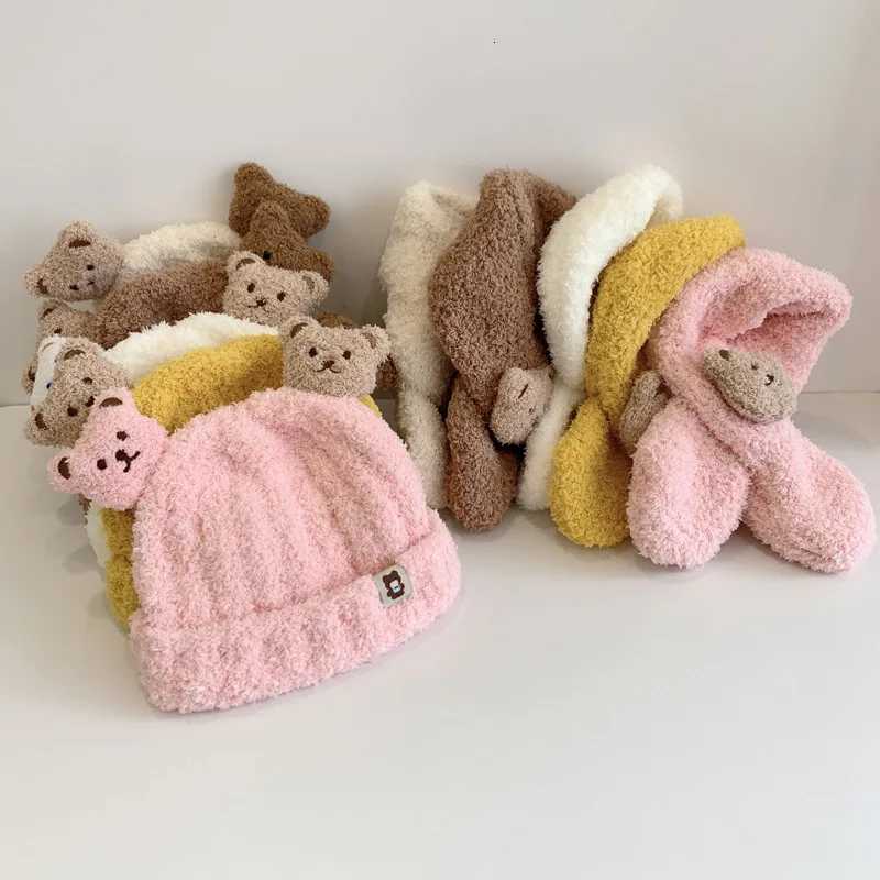 Winter Baby Plush Hat Scarf Set Cartoon Bear Beanies Warm Velvet Infant Neckerchief 624Month Kids Ear Protection Pullover CapL251024
