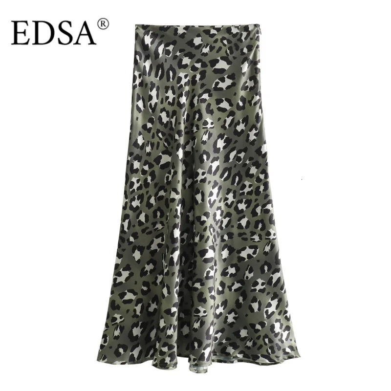 EDSA Women Green Leopard Print Satin Midi Skirt High Waist Straight Mermaid Skirts Female Casual Slim 251017