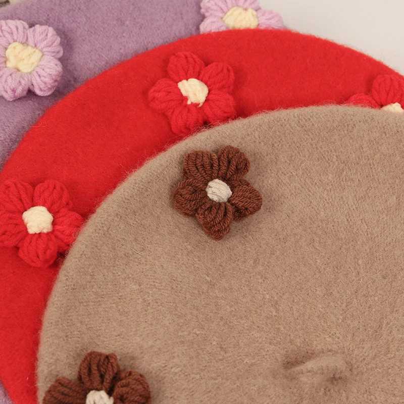 Children Solid Woolen Knitted Beret Crochet Flower Octagonal Hat Princess Girls Artist Painter Cap Winter Warm Kids Beanies 26YL251024