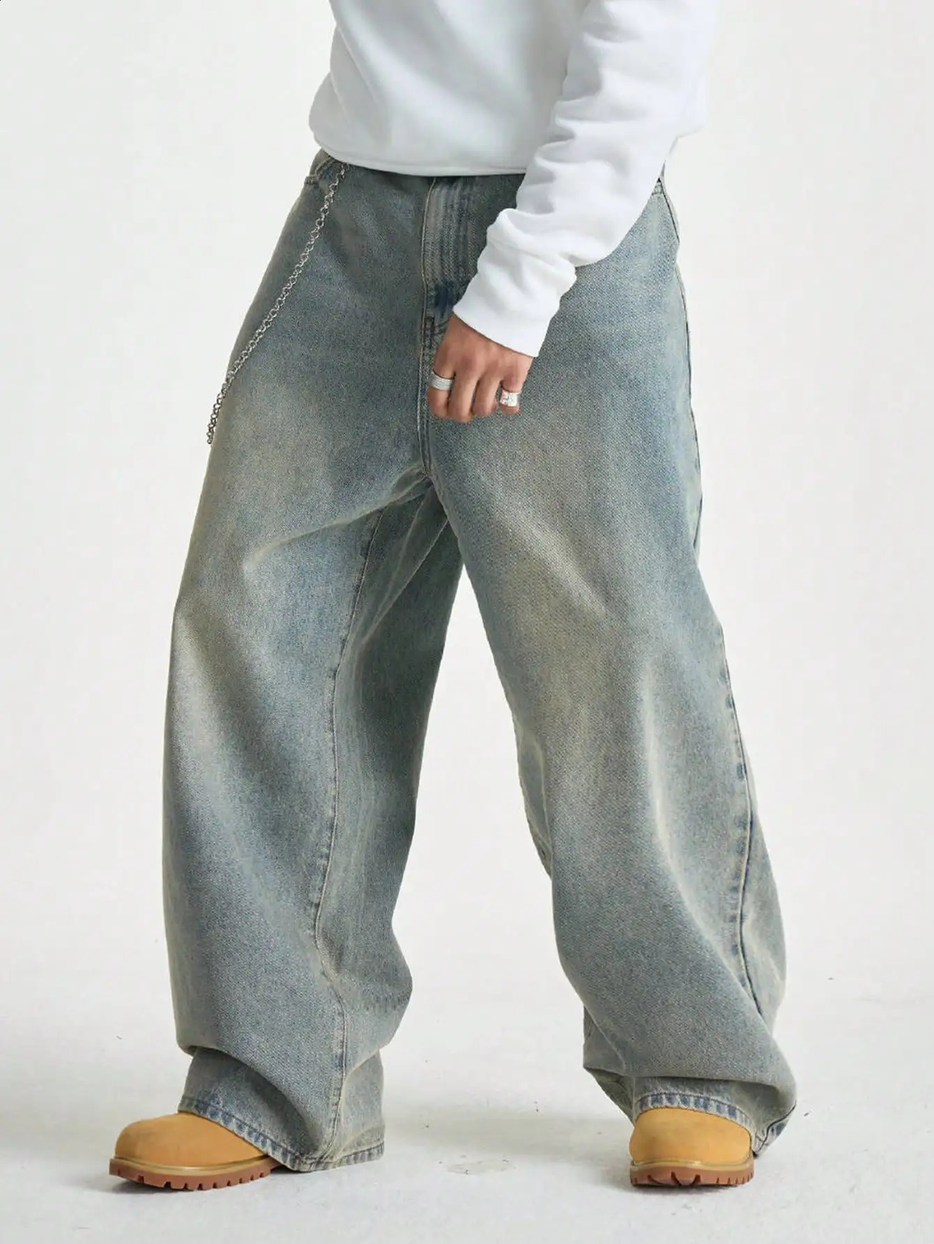 Manfinity EMRG Mens Light Blue Washed Retro Loose Wide Leg Jeans 251018