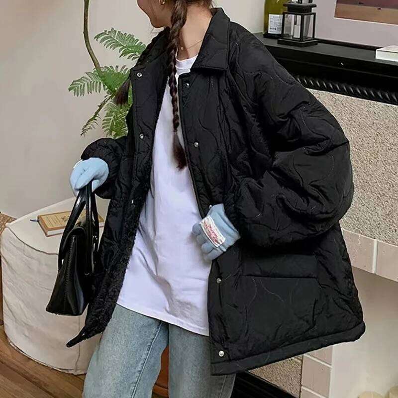 Autumn Winter Vintage Loose Wool Rhombus Cotton-Padded Jacket Parkas Women Sweet Pocket Solid Long Sleeve Coat Warm Outerwear