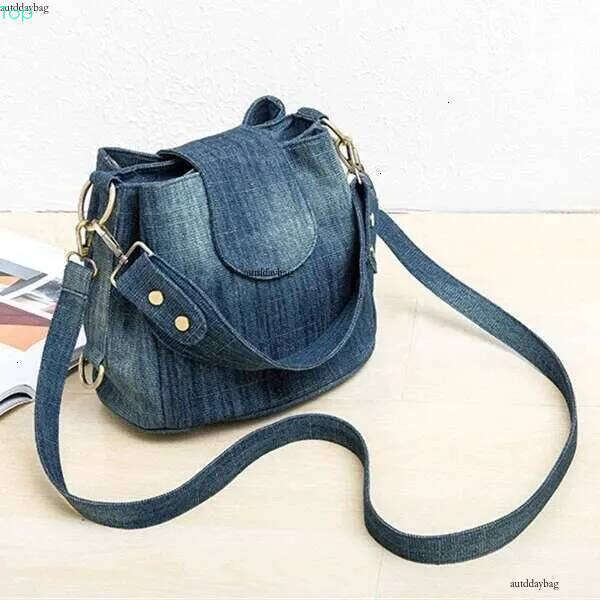Casual Denim Bucket For Women Shoulder Crossbody Bag Multiple Pockets Ladies Handbag Design Female Big Totes Blue