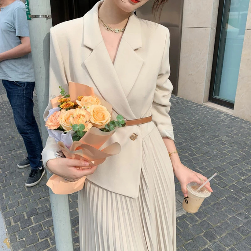 Women Blazer Dress Autumn Korean Fashion Suit Spliced Pleated Long Dress Elegant Women Stylish Outfit OL Vintage Dress 251020