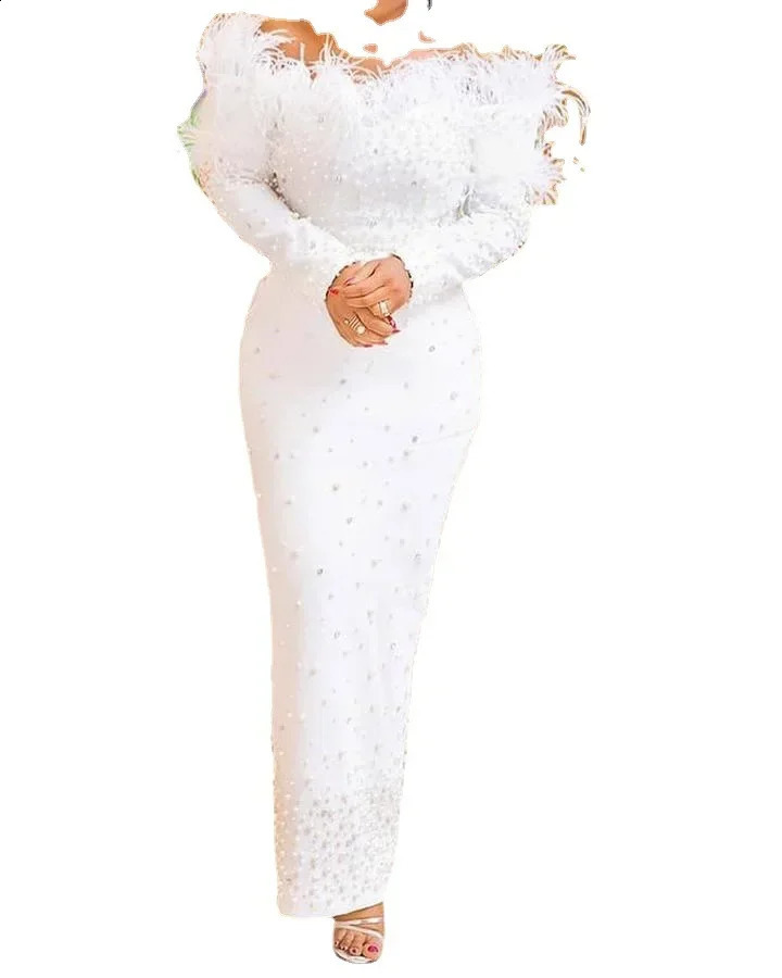 Feather White Dress Party Women Pearls Long Night Dresses High Waist Dance Wedding Prom Bridesmaid Maxi Y2k Summer Vestidos 251020