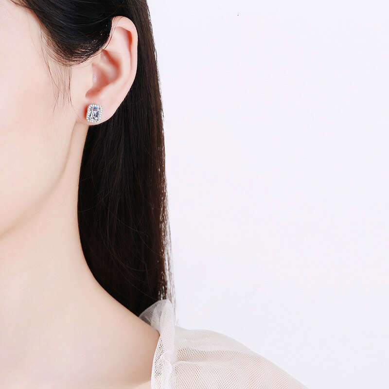 DHCollections-- Sterling Sier for Women Inlaid with Radiant Emerald Cut Moissanite Rectangular Irregular Dia Earrings
