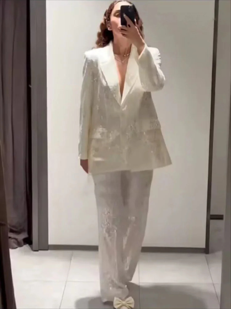 HH Female Sequins Sets TurnDown Collar Pockets SingleBreasted BlazersHigh Waist Zipper Trousers Womens Autumn Pant Set 251023