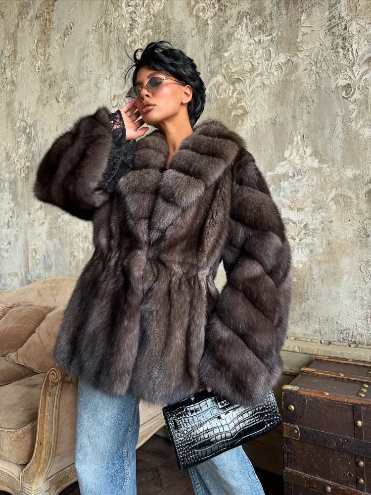Women Elegant Fur Coat Bell Sleeve Lapel Suede Surface Girdle Coats Unique Temperament 2025 Winter High Street 251013