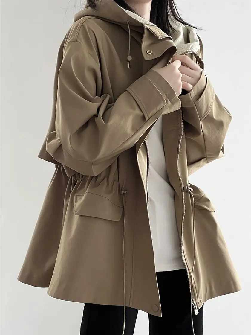 Cotton Khaki Hooded Trench Coat Womens Autumn And Winter Short Retro Casual Loose Top 251021