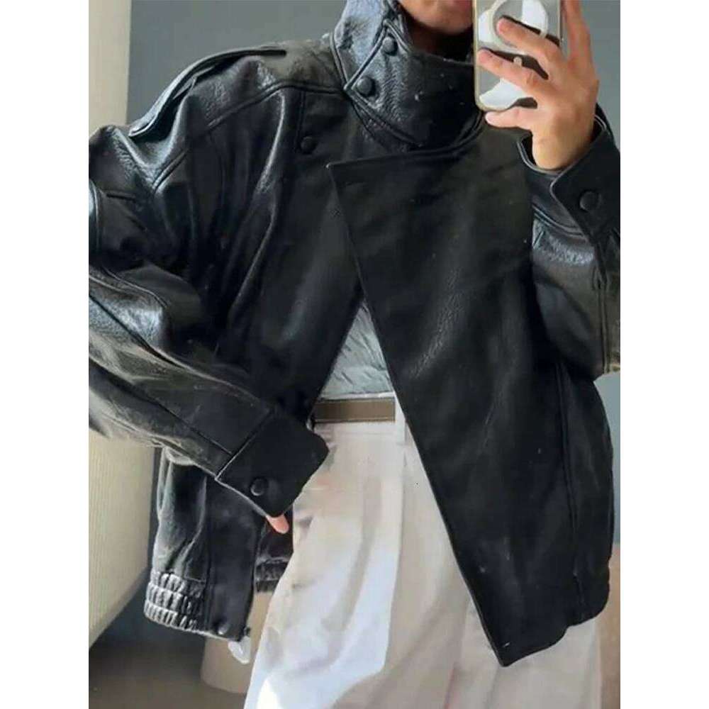 Stand Collar Women S Jacket Full Sleeve Double Button Solid Female Leather Jackets Autumn Fashion High Street Lady Outwears