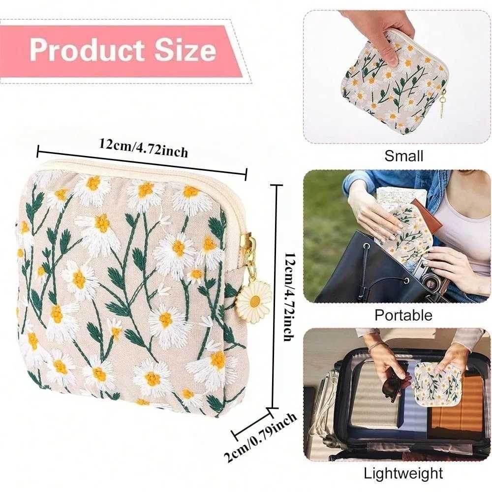 Fashion Embroidery Cute Floral Makeup Bag Small Zipper Storage Bag for Skincare Storage Sanitary Napkin Bag Coin PurseT251024