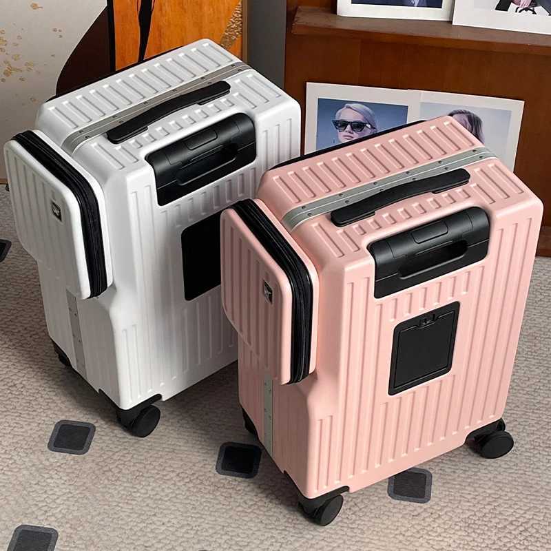 FrontOpening Luggage Multifunctional Travel Suitcase 20Inch CarryOn Business Aluminum Frame Side Pocket Trolley SuitcaseW251024